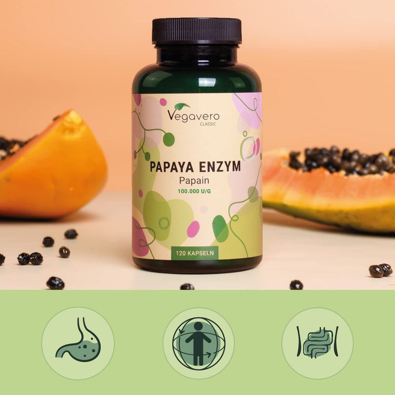 [Australia] - Papaya enzyme Vegavero® | High dose: 2,100 mg of pure papain per daily dose | High enzyme activity: 100,000 units/g | Naturally from the fruit| 120 capsules | Vegan & without additives 