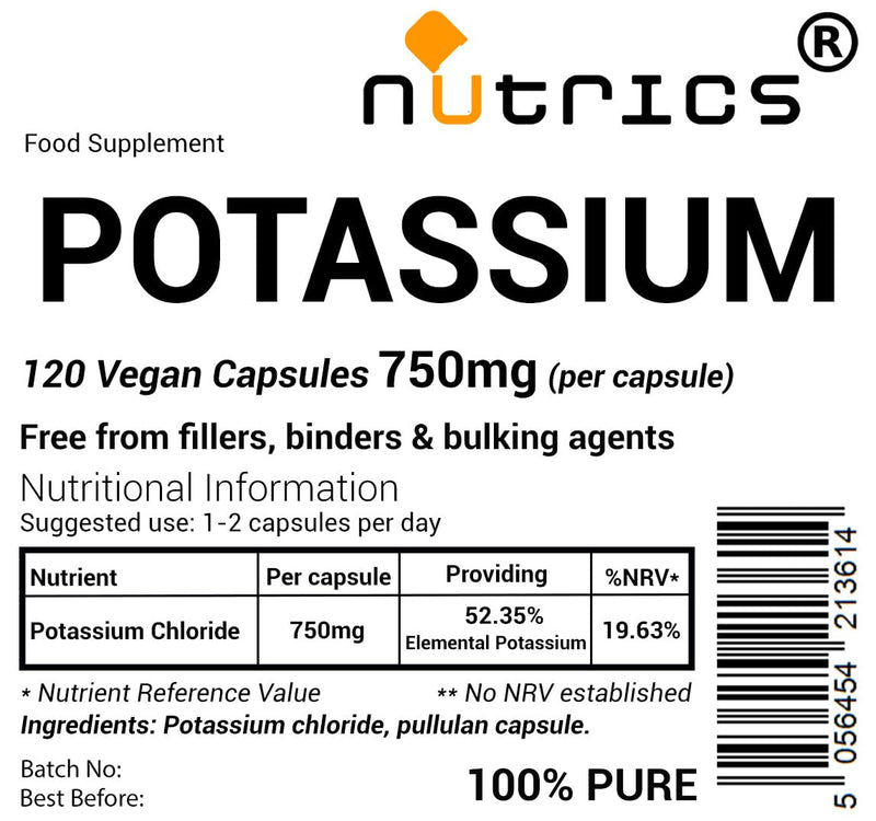 750mg Potassium Chloride Pure x 120 V Capsules - (4 Month Supply) - Suitable for Vegan Vegetarians (120)