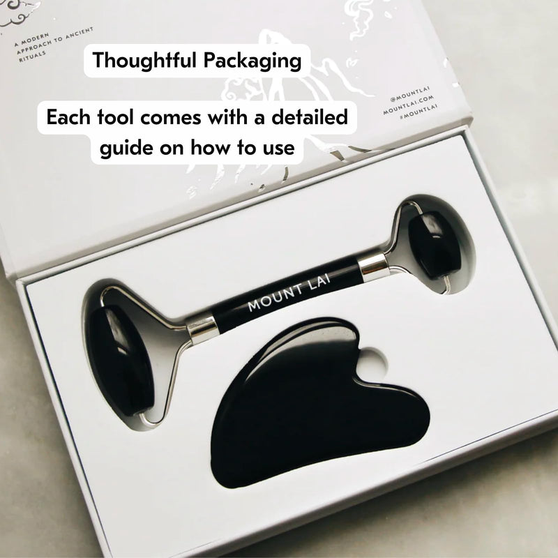 Mount Lai Obsidian Gua Sha Facial Tools, Black Obsidian Gua Sha Facial Tools Set and Roller, Guasha Tool for Face to Relieve Muscle Tension and Reduce Puffiness, Anti Aging Skin Care Sets for Women Gua Sha + Roller