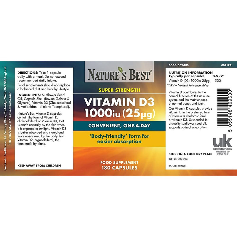 Nature's Best Vitamin D3 1000iu - High Strength & Highly Absorbable Supplement - UK Made - 180 Capsules (6 Months' Supply)