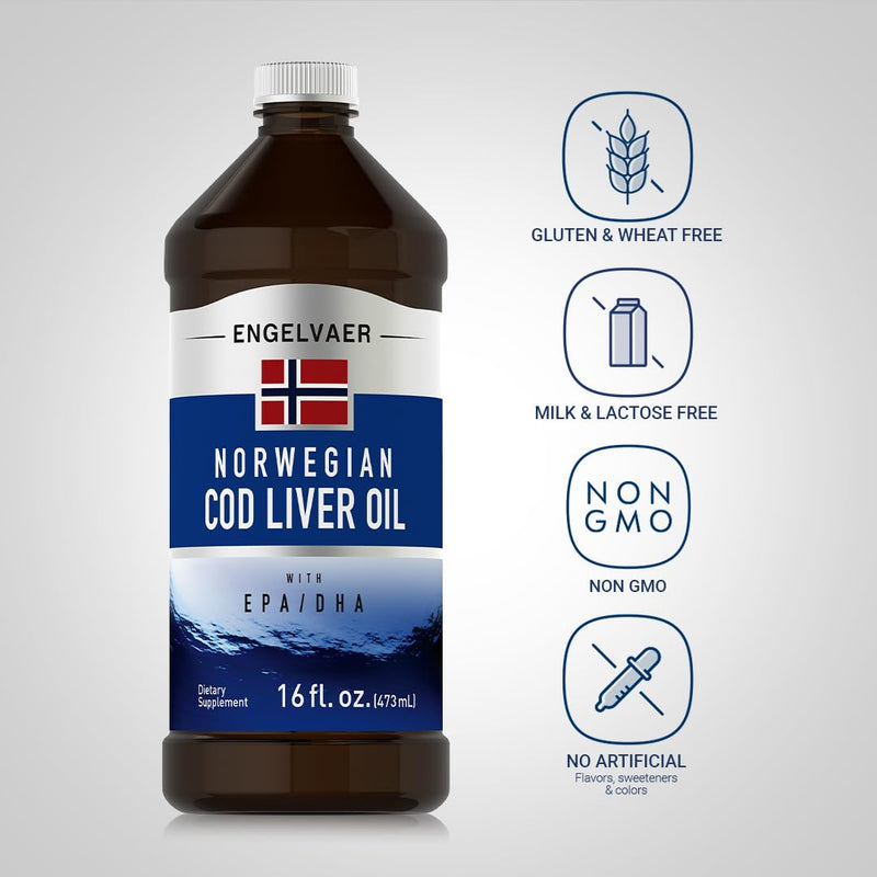 [Australia] - Piping Rock Cod Liver Oil Liquid 16 fl oz | with EPA DHA | Engelvaer Norwegian | Non-GMO, Gluten Free Supplement 16 Fl Oz (Pack of 1) 