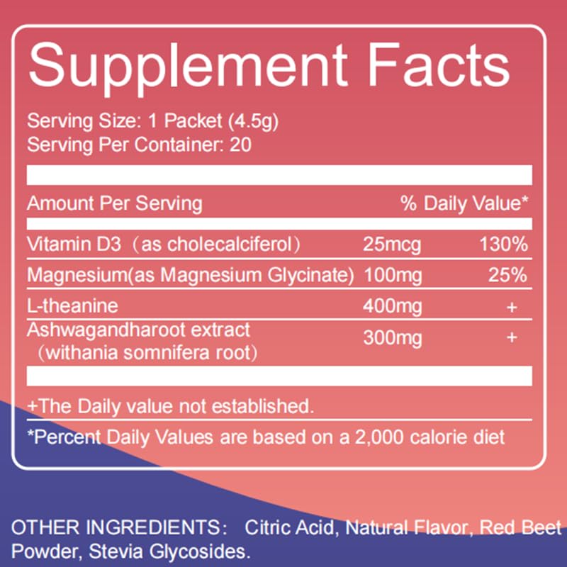 Bedtime Magnesium Drink Mix for Relaxation & Sleep Support – Raspberry Flavor with Ashwagandha, L-Theanine & Vitamin D3 – Calm Powder for Nighttime Wellness – 20 Packets