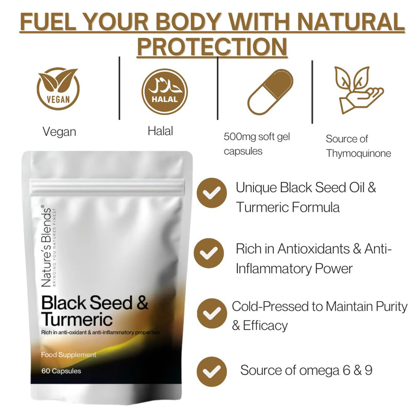 Nature’s Blends Black Seed Oil & Turmeric Capsule | Cold Pressed Black Seed Oil Capsule for Anti-Inflammatory & Immune System | Ethiopian Nigella Sativa for Hair, Skin & Joint Health | 60 Capsules Black Seed & Turmeric