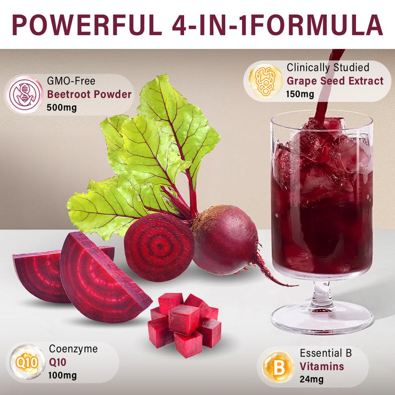 Beets Ultimate Heart Health Chews for Blood Pressure Support, with Beetroot Powder, CoQ10, B Vitamins & Grapeseed, Pomegranate Berry, 60 Soft Chews