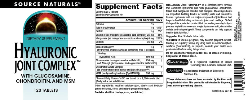 [Australia] - Source Naturals Hyaluronic Joint Complex with Glucosamine, Chondroitin & MSM Extra Strength - 120 Tablets 120 Count (Pack of 1) 