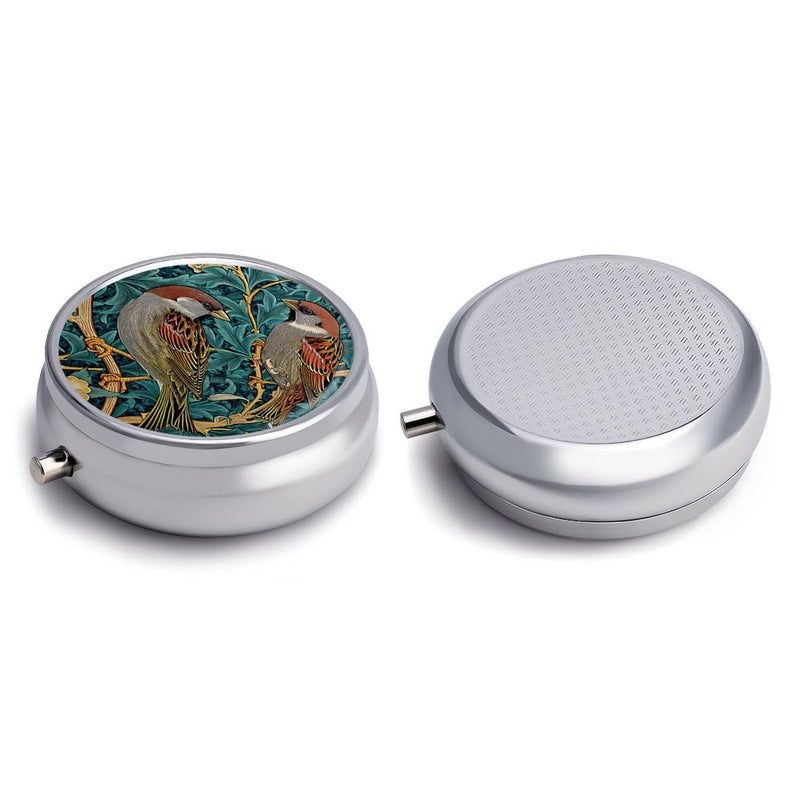 Pill Box 3 Compartment Small Pill Case, Portable Round Pill Box for Pocket or Purse, Decorative Metal Medicine Vitamin Organizer. (Two Birds) Two Birds