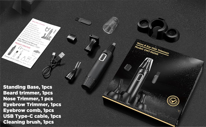 [Australia] - Men's Nose Hair Trimmer, 4 in 1 Rechargeable Nose Hair Trimmer and Ear Hair Trimmer for Men and Women with USB Type-C Cable, IPX7 Waterproof, Dual Blades, Easy Cleaning, Black 