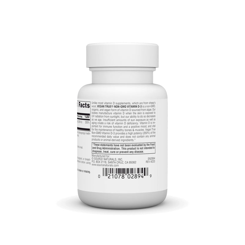 Source Naturals Vegan True, Vitamin D-3, 2,000 IU - 60 Vegan Capsules | Non-GMO | Immune and Bone Health* 60 Count (Pack of 1)