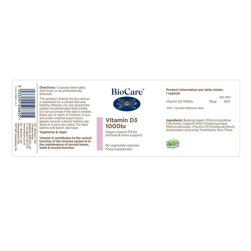BioCare Vitamin D3 1000iu - Vegan Vitamin D for Immune, Bone, Muscle and Teeth Support - 60 Capsules 60 count (Pack of 1)