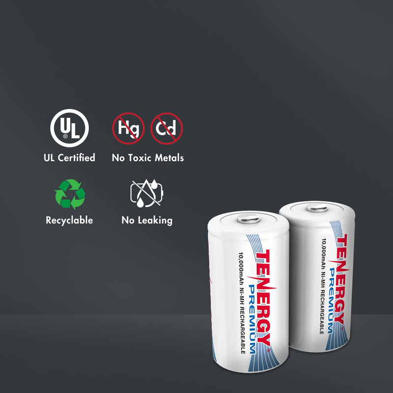 [Australia] - Tenergy Combo: 4 pcs Premium D Size Rechargeable Batteries High Capacity 10000mAh NiMH - UL Certified 4 Count (Pack of 1) 