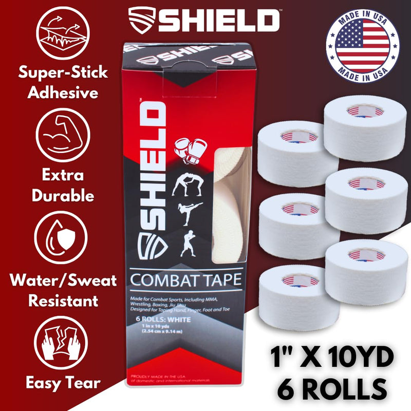 SHIELD Combat Tape | Boxing Tape for Hands, USA Made, Athletic Tape 1 inch, Easy-Tear, 1" Inch x 10 Yards, 6 Pack, Boxing MMA, Muay Thai, White