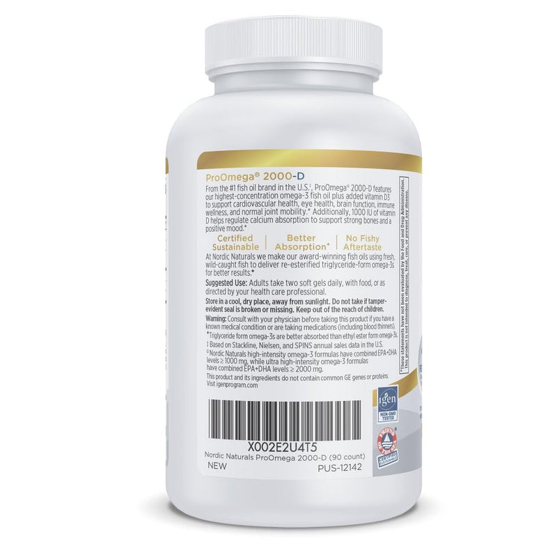 Nordic Naturals ProOmega 2000-D, 2150mg + 1000 IU D3, Lemon - 90 Count | Ultra high-potency EPA & DHA plus vitamin D3 for brain, heart & immune health. 2150 mg omega-3 + 1000 IU D3. Non-GMO 90 Count (Pack of 1)