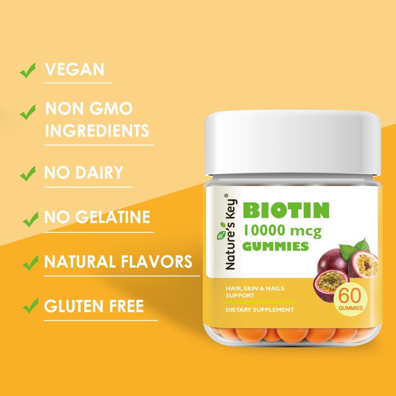 Nature's Key Biotin Gummies 10000mcg - Hair Growth & Nail Strength Supplement, Vegan, |Vitamins A B C D E|Folic Acid|Zinic for Women & Men Supports Healthy Hair Growth Supplement，60cts|30 Days
