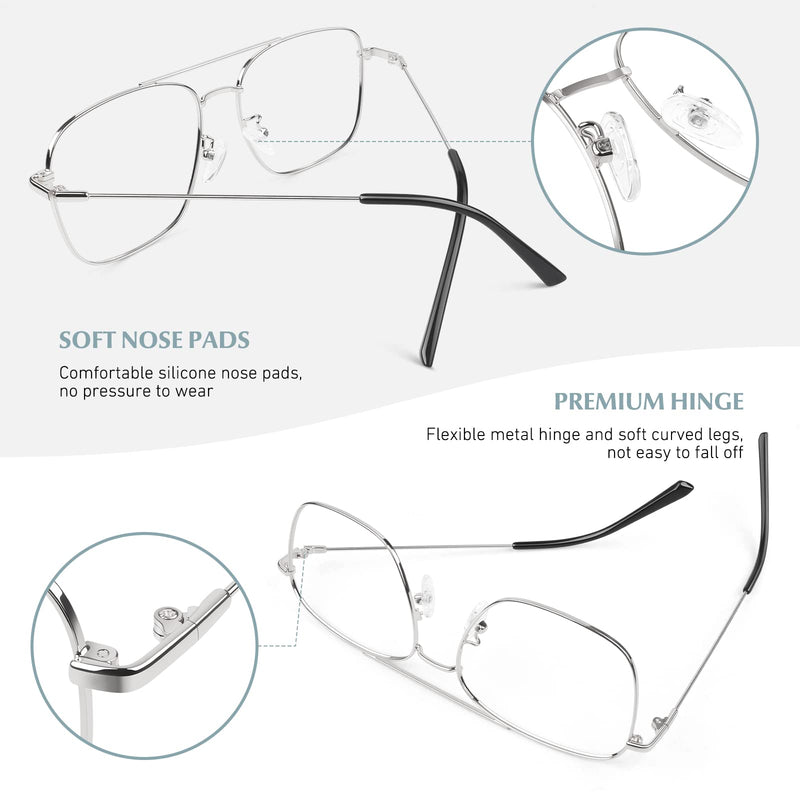 [Australia] - LINVO glasses without prescription for men and women, classic metal frame glasses frame, vintage aviator glasses, fake glasses, silver 
