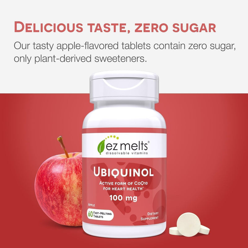 EZ Melts Ubiquinol 100 mg - CoQ10 Supplement for Heart Health & Energy Support - Antioxidant Protection - No Artificial Flavors - Non-GMO & Vegan - Apple - 120 Dissolvable Tablets (120 Servings) 60 Count (Pack of 2)