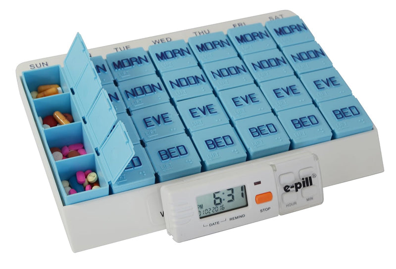 e-Pill 4 Times a Day x 7 Day Large Weekly Pill Organizer, Vitamin and Medicine Pillbox - with Reminder