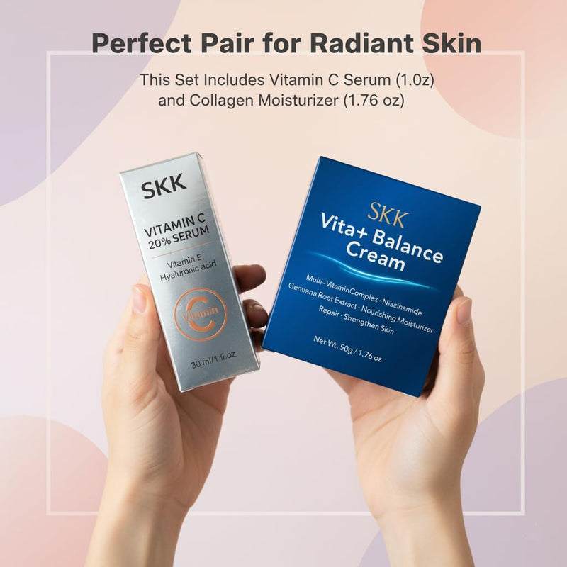 Vitamin C Serum & Collagen Face Cream Set for Face, 2-Step Skincare | Vitamin C serum helps improve the look of dark spots; collagen face cream supports smoother, moisturized skin