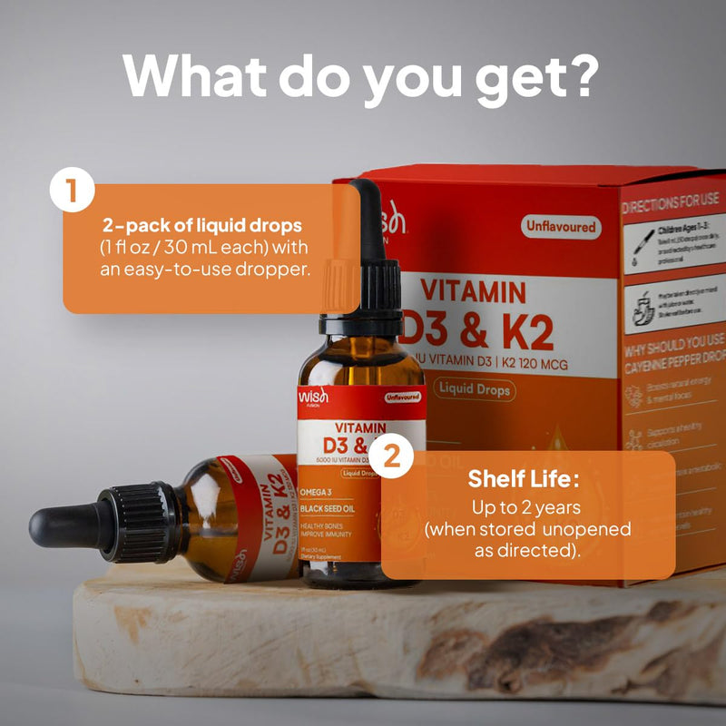 Liquid Vitamin D3 K2 Drops, 2 Pack Vitamin D Drops with Omega 3, 5000 IU D3, 120mcg K2, for Immune Support & Bone Health Black Seed Oil & Organic MCT, Liquid Multivitamin for Women & Men