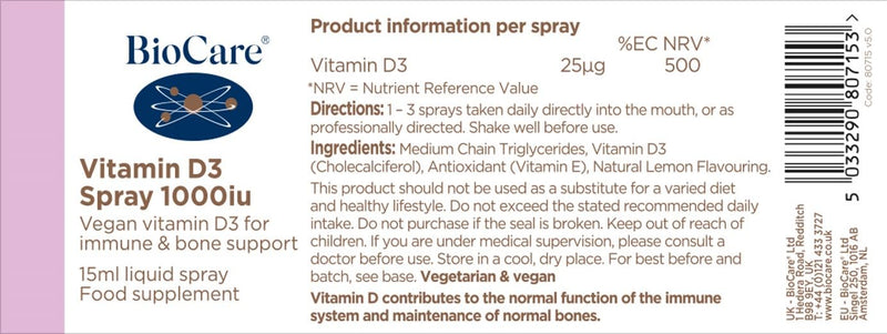 BioCare Vitamin D3 Spray 1000iu - High Potency Vegan D3 for Bones, Immunity, Muscles & Teeth - Lemon Flavour - 15ml 15 ml (Pack of 1)