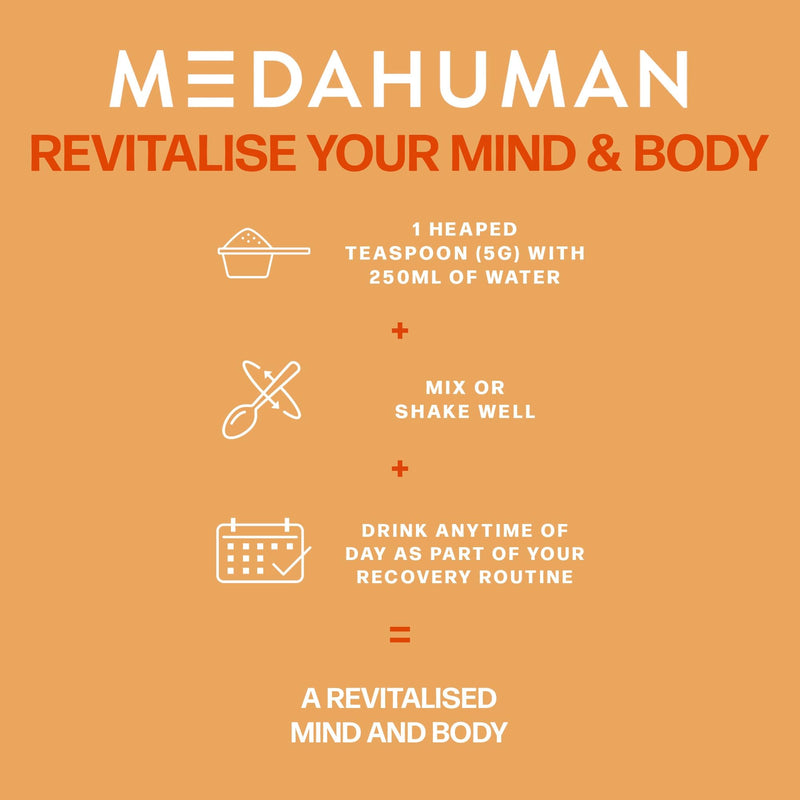 Medahuman Recover Superblend Recovery Powder with Lion's Mane Mushroom, B Vitamins, Zinc, Turmeric & Ginger – Orange Flavour Adaptogen Post Workout Support – 150g