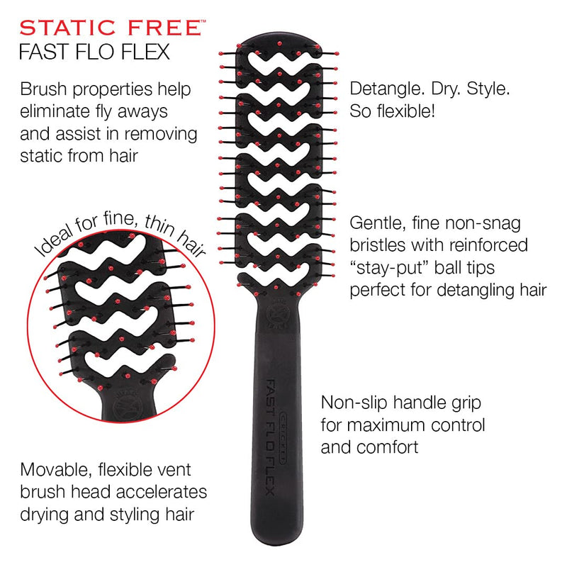 Cricket Static Free Fast Flo Flex Vent Hair Brush - Quick Drying, Detangling, and Styling - Anti-Static Bristles for Frizz-Free Blowouts, Ideal for All Hair Types