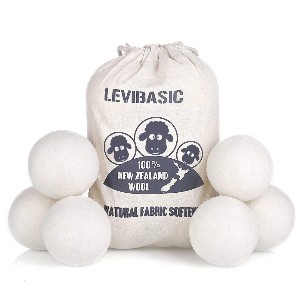 Wool Dryer Balls 6 Pack XL, 3" Genuine New Zealand Wool to Core, 100% Organic Fabric Softener Alternative, Baby Safe & Chemical Free, Reduce Wrinkles & Shorten Drying Time by LEVIBASIC (White-6pcs) White-6pcs