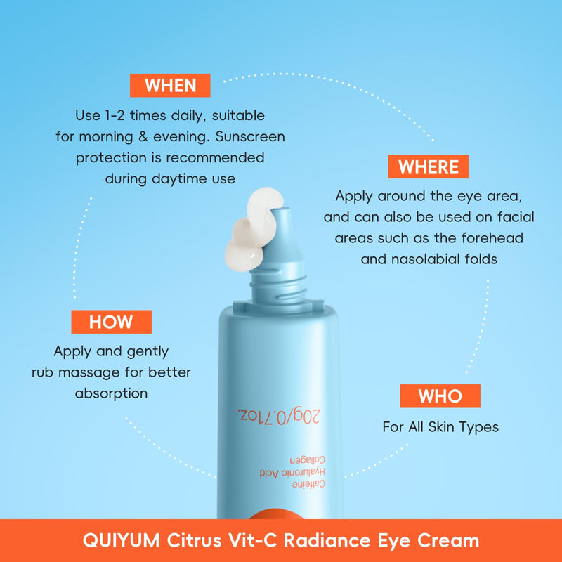 QUIYUM Citrus Vitamin C Eye Cream, for Dark Circles and Puffiness, 0.71 Oz | Glowing Eye Moisturizer with Caffeine, Hyaluronic Acid & Collagen, Under Eye Cream to Smooth Fine Lines, Non-Greasy