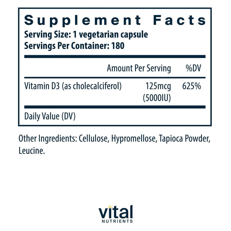 Vital Nutrients Vitamin D 5000 IU - Vitamin D3 Supplement - Healthy Bones, Teeth, Muscles*- Cellular & Immune Function - Calcium Absorption - Gluten, Dairy and Soy Free - 180 Capsules 180 Count (Pack of 1)