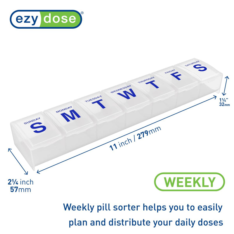 Ezy Dose Weekly (7-Day) Pill Organizer, 3X-Large Medicine Planner, Clear | Vitamin & Supplement Case, Spacious Compartments to Secure Prescription Medication and Prevent Accidental Spilling, BPA-Free 3X-Large 11"x2.1"x1.1"