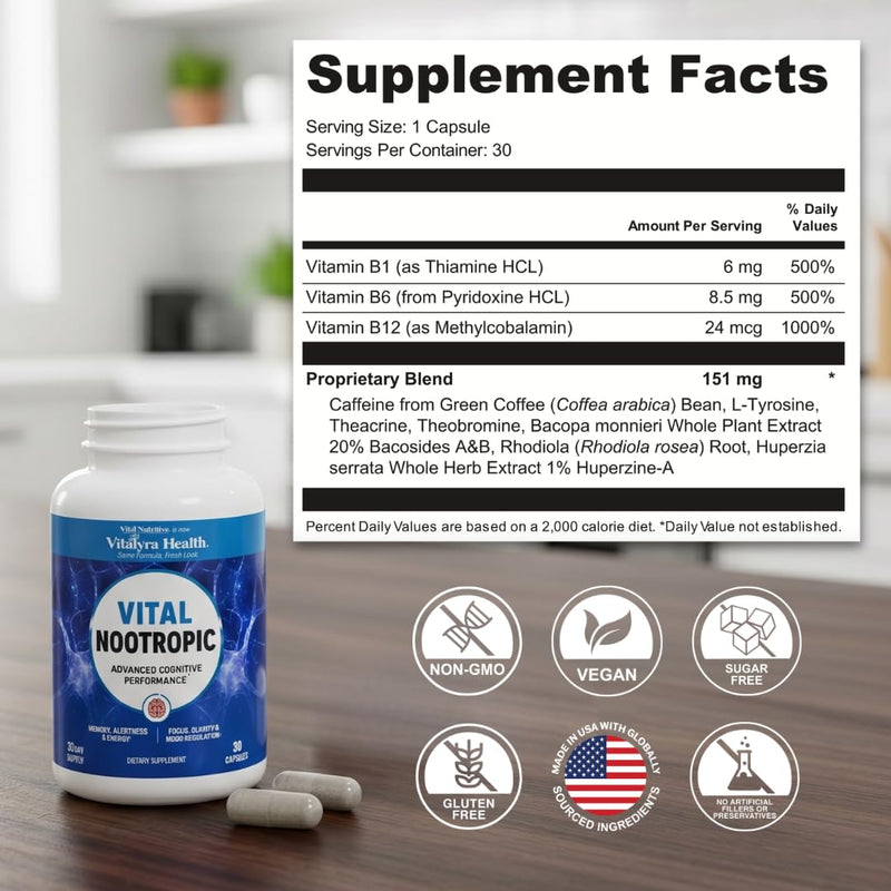 VITAL NUTRITIVE Nootropic 12in1 Brain Supplement for Memory, Focus & Energy | 12-in-1 with L-Tyrosine, Bacopa, Rhodiola, Caffeine & B Vitamins, Cognitive Balance, Men & Women, 30 Day Supply