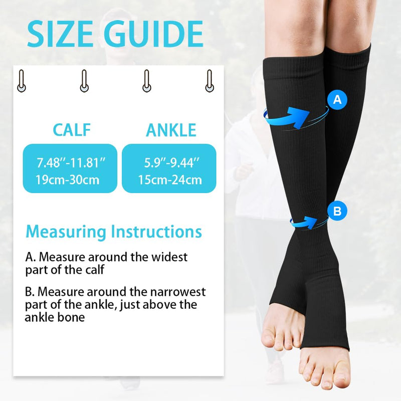 [Australia] - ACWOO compression stockings for women and men, 2 pairs of support stockings, medical compression socks with 15-20 mmhg thrombosis stockings, open toe compression socks for running, sports, flights, cycling (black) 2 pairs - one size black 