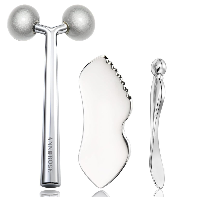 [Australia] - 3-in-1 Stainless Steel Facial Massage Set, Face Roller, Gua Sha Tool, Eye Cream Applicator, Silver,Gifts for Women and Girl Detail Guasha Set 