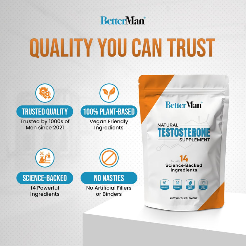 BetterMan Testosterone Support for Men – Boost Energy, Drive & Performance with 14 Science-Backed Ingredients Including Fadogia, Tribulus & Zinc – 90 Plant-Based Capsules