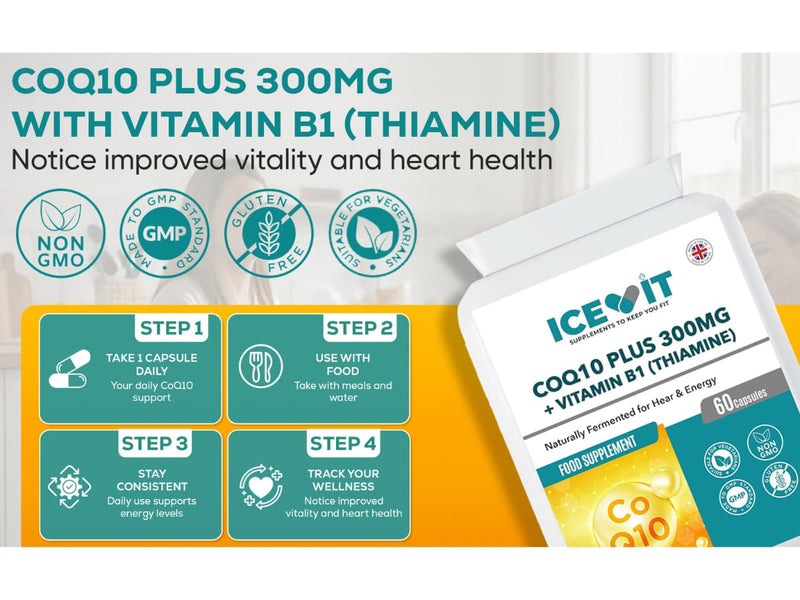CoQ10 300mg with Vitamin B1 (Thiamine) – 60 Vegan Capsules – High Strength Coenzyme Q10 Food Supplement – Energy Metabolism Support – Made in UK
