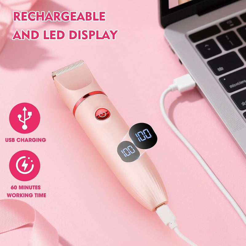 Bikini Trimmer for Women, 3 in 1 Electric Razors for Women, Rechargeable Electric Bikini Shaver, Waterproof Pubic Hair Trimmer and Facial Hair Remover with LED Display Pink