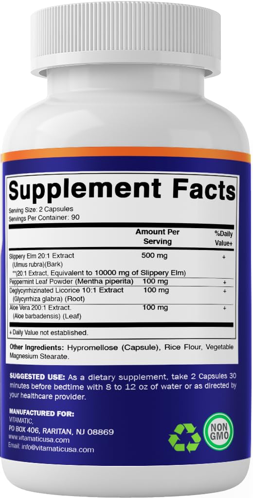 [Australia] - Vitamatic Slippery Elm Bark 10000 mg Equivalent Per Serving (from 20:1 Extract 500 mg), Made with Peppermint, DGL, & Aloe Vera - 180 Veg Capsules, and Concentrated 20X Potency 