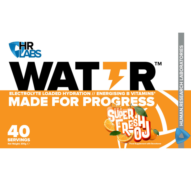 WATTR™ Electrolyte Loaded Hydration Powder with Energising B Vitamins. 40 Servings, 320g, 7 Great Tasting Flavours (320g, Super Fresh OJ)