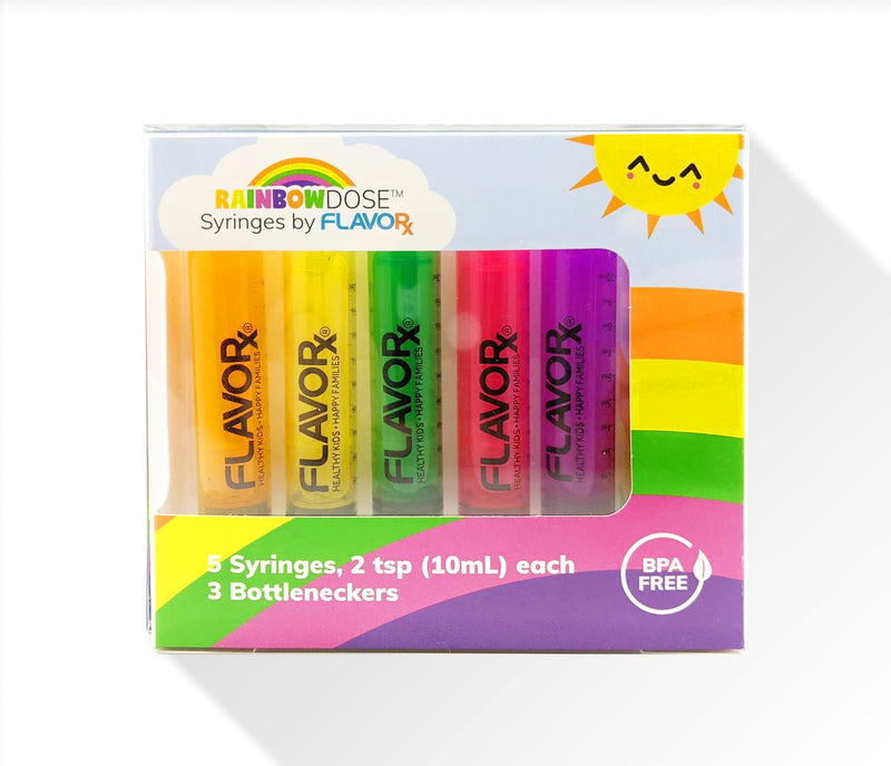 Rainbow Dose Oral Dosing Syringes | No More Medicine-Time Meltdowns! | 5 Uniquely Colored Syringes | 10ml (2tsp) Each | 3 Bottleneckers Included | New & Improved!