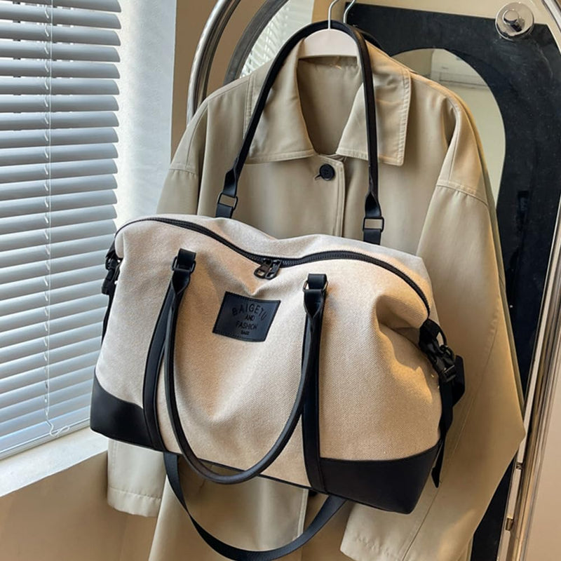 Travel Duffle Bag for Women, Canvas Carry On Weekender Overnight Bags with Wet Pocket, Gym Tote Bag for Business Trip Sports (Beige Black) Beige Black