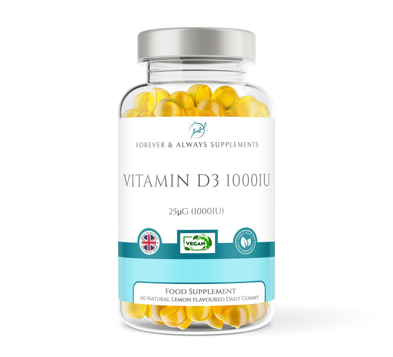 Vitamin D3 1000iu / 25μg Gummy - Adults & Children 12+ Years - 60 x High Strength Lemon Flavour Gummies - 2 Months Supply - Vitamin D Supplement Teeth, Bone, Muscles & Immune System Support