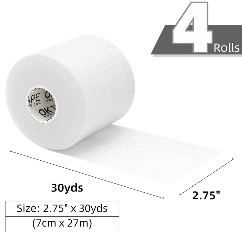 OK TAPE Pre Wrap Tape (4-Rolls, 120 Yards) - Athletic Foam Underwrap for Sports, Protect for Ankles Wrists Hands and Knees, 2.75 Inches - White 2.75 Inch x 30 Yards