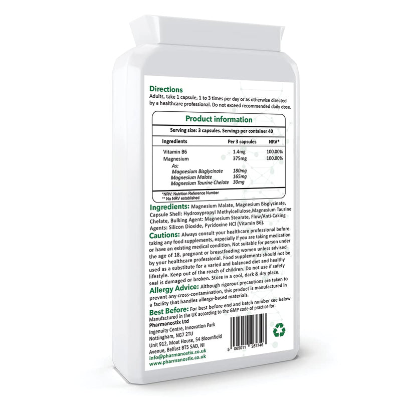 Triple Magnesium Complex 120 Vegan Capules - Malate, Bisglycinate & Taurate, Providing 375mg Elemental Magnesium Per Daily Serving - with Added Vitamin B6 by Pharmanostix