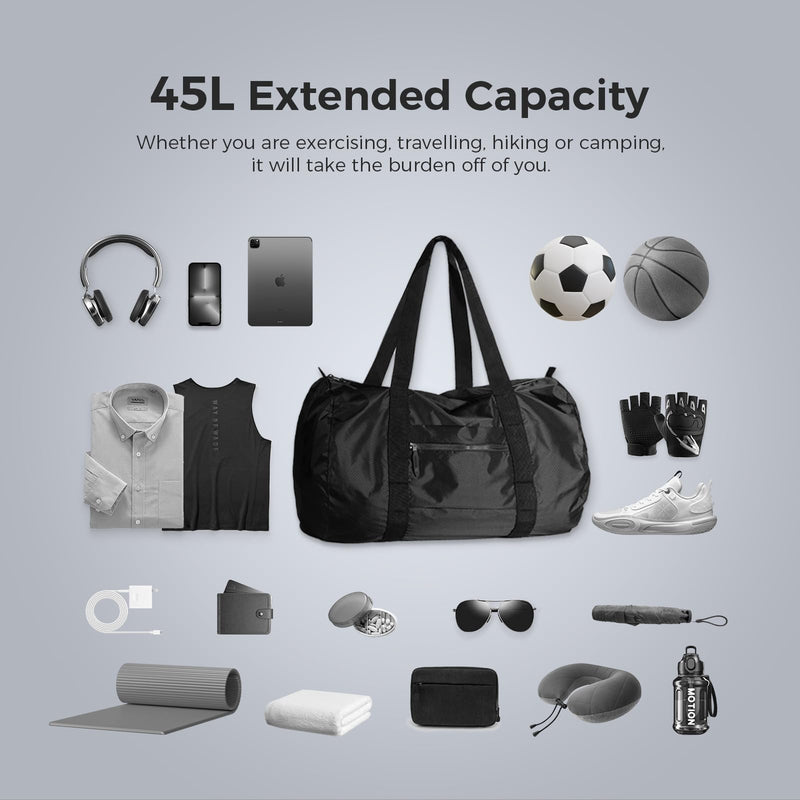 pack all Travel Accessories Bundle | 1 x 45L Foldable Duffel Bag (Black) & 1 x Foldable Shoe Bag (Black)