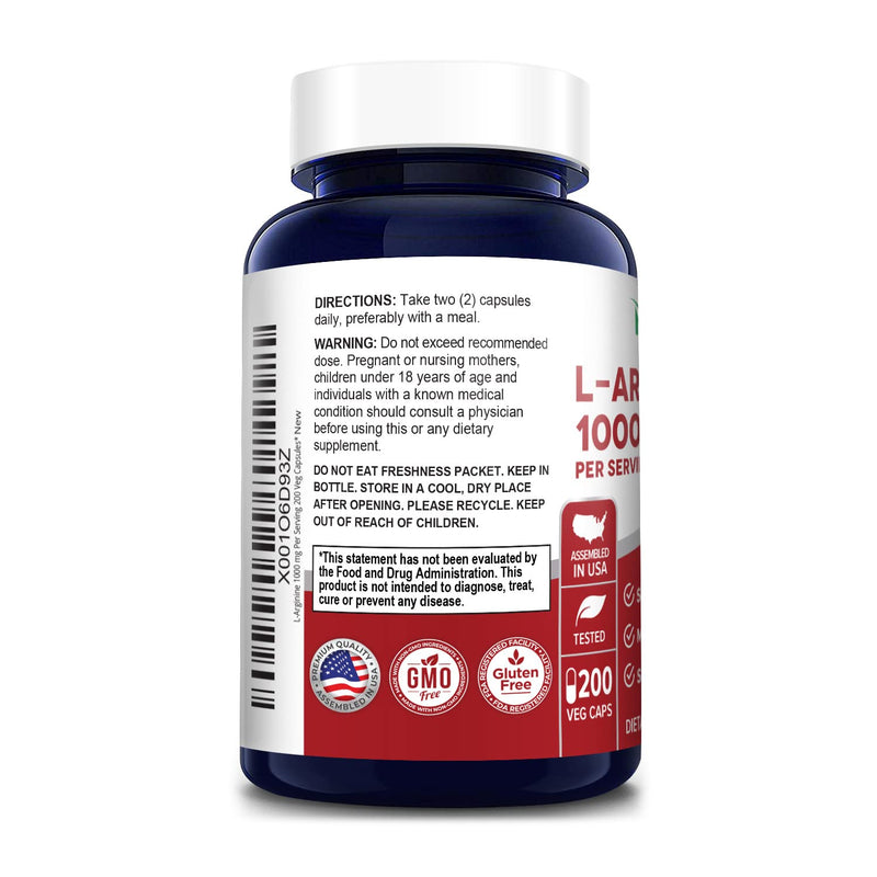 [Australia] - NusaPure L-Arginine 1000 mg 200 Veggie Capsules (Non-GMO, Vegetarian, Gluten Free) 