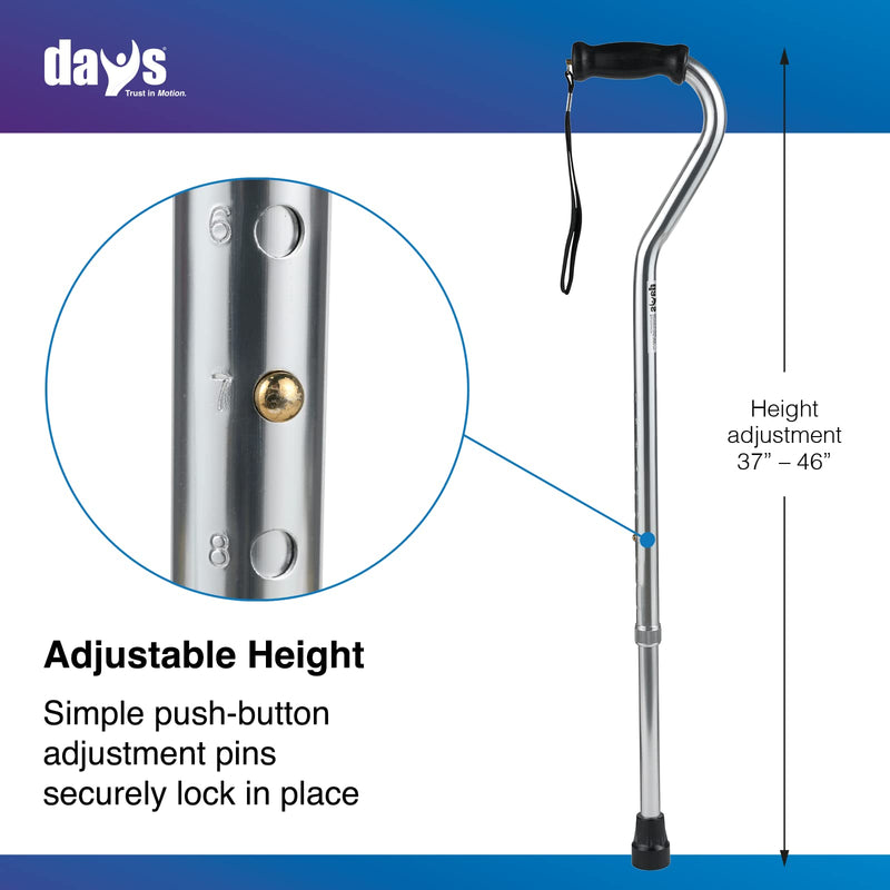 [Australia] - Days Standard Bariatric Offset Cane, Bariatric Cane with Rubber Tip, Heavy Duty Walking Cane for Weight Bearing, Limited Mobility Aid for Elderly, Tall & Heavy Adults, Silver with Black Handle Standard Cane 