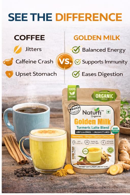 Naturfi Organic Golden Milk Powder with Turmeric, Ceylon Cinnamon, Ginger & Black Pepper | Anti-Inflammatory Turmeric Latte | Ayurvedic Blend | Unsweetened, Vegan, Non-GMO, Keto | 120 Servings, 150g