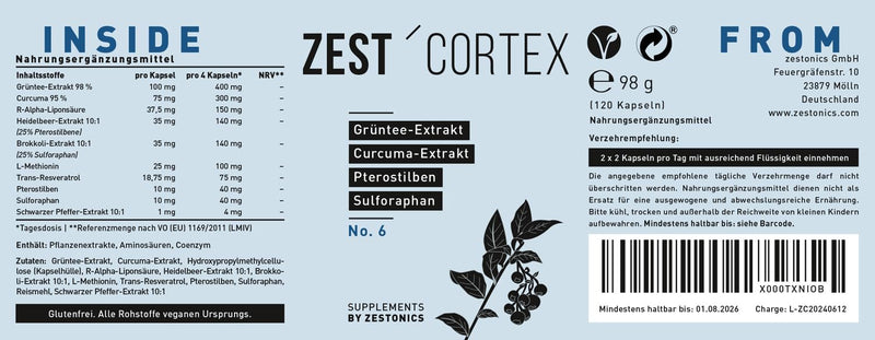 [Australia] - ZEST’CORTEX: Powder with green tea extract, pterostilbene, sulforaphane, turmeric, R-alpha lipoic acid and much more. according to Villodo and Perlmutter 