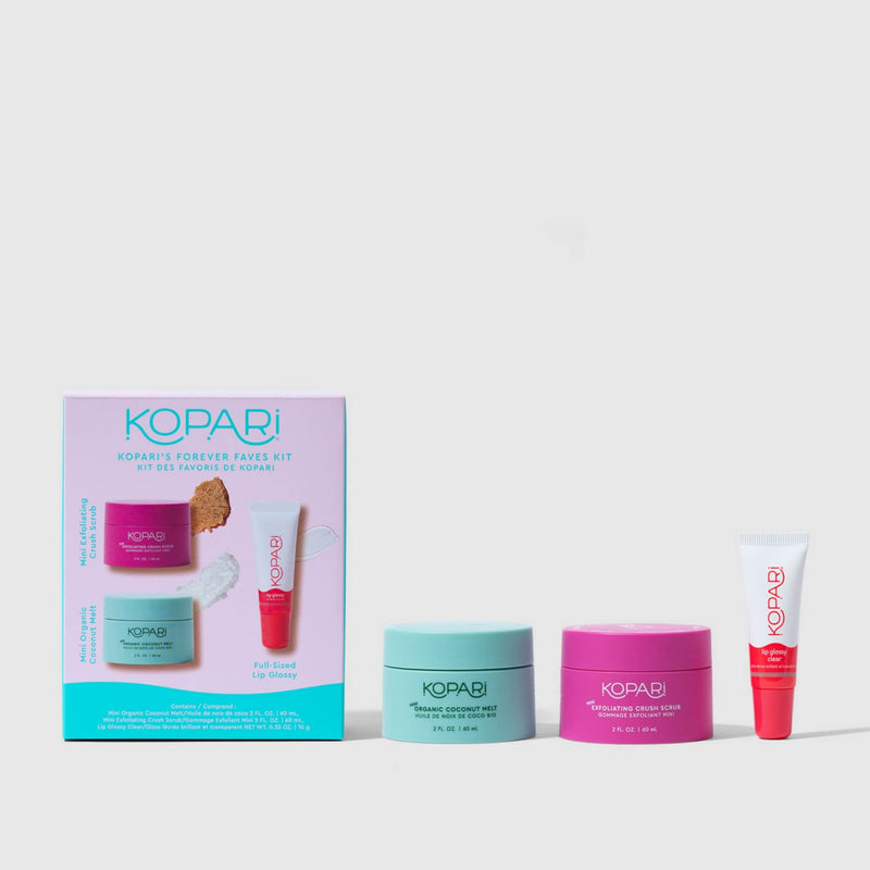 Kopari Forever Faves Bundle | Mini Organic Coconut Melt, Exfoliating Mini Coconut Crush Scrub, Clear Moisturizing Lip Glossy | Body and Lip Kit to Soothe and Hydrate Dry Skin | Cruelty Free, Vegan