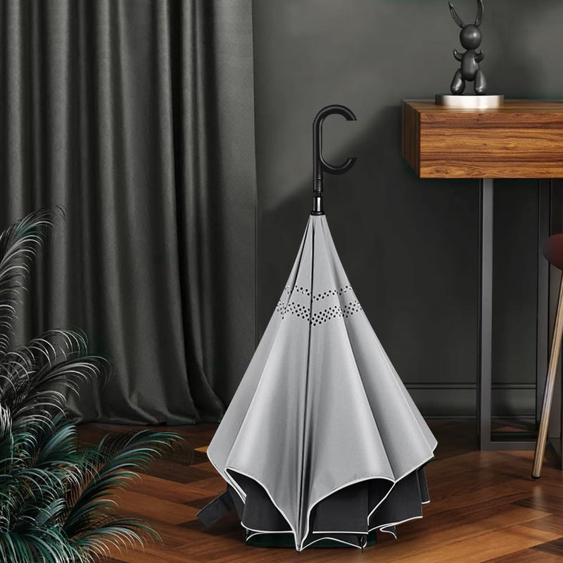 Dlin Inverted Reverse Windproof Umbrella,Upside Down Umbrella with C-Shaped Handle,Anti-UV Windproof Rain Double Layer Stick Umbrella for Women and Men. Grey