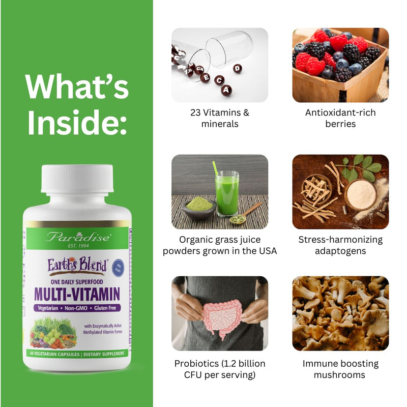 Paradise Herbs Earth's Blend Multivitamin with Iron, 120 Capsules | Once daily dietary supplement with 48 organic superfoods, probiotics, antioxidants, and vitamins A, B12, C, D, K2 120 Count (Pack of 1)